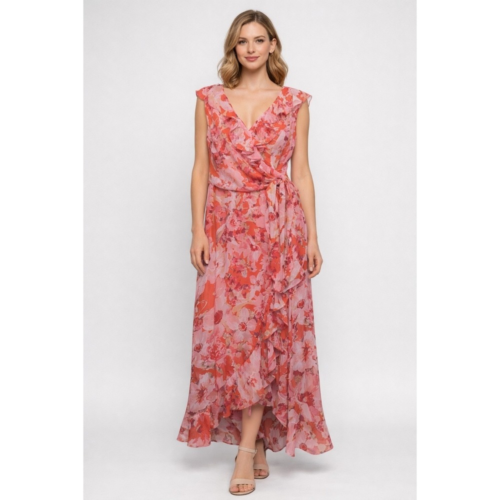 London Times Womens Size 6 Tiered‎ Apron Midi Wrap Dress Pink Floral Ruffle NWT